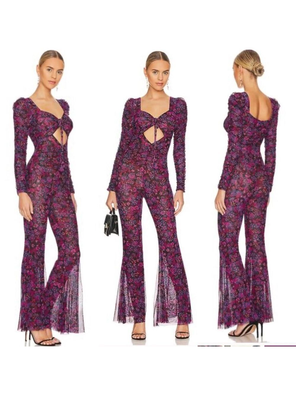 Women's $370 MISA Purple Floral Mesh Long Sleeve Jumpsuit S